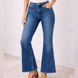 Reformation Cropped Flare Jeans Raw Hem Baltic Blue Size 26